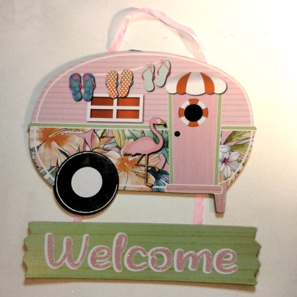 Retro Camper Welcome Sign Pink Flamingo Flip Flops Tropical tiki Coastal - Picture 1 of 5